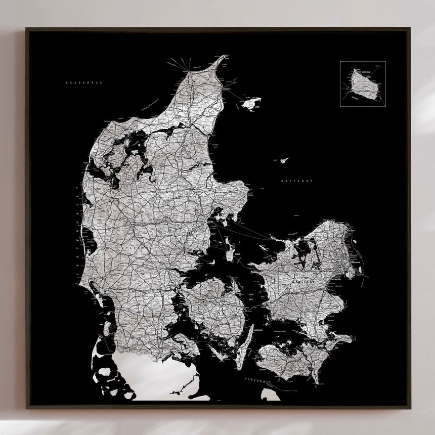 Danmarkskort - Black - Lærredstryk