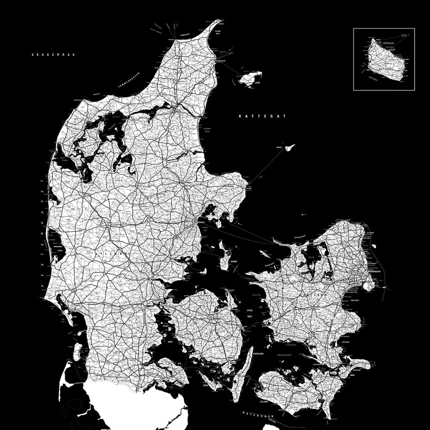 Danmarkskort - Black - Lærredstryk - Incado