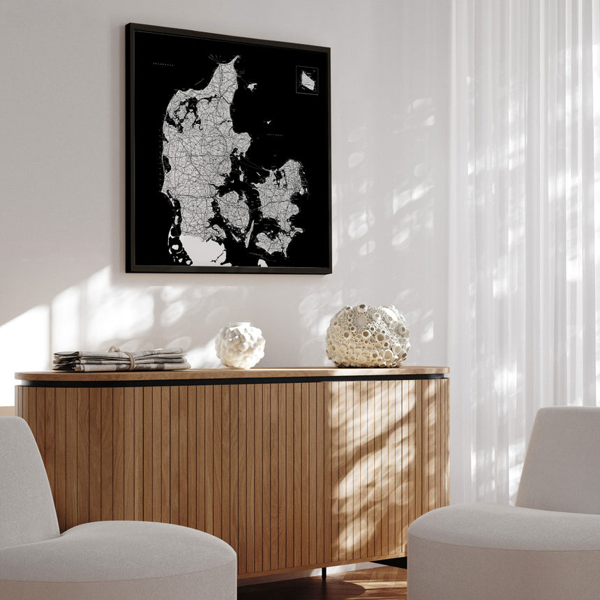 Danmarkskort i sort ramme - Black - Plakat - Incado