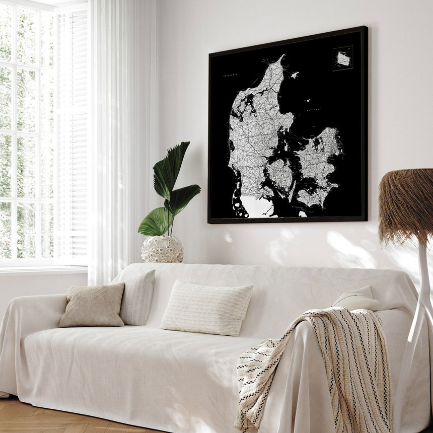 Danmarkskort i sort ramme - Black - Plakat - Incado