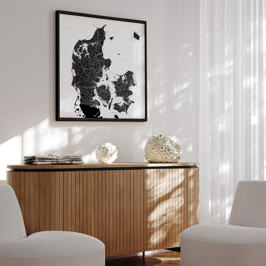 Danmarkskort i sort ramme - White - Plakat - Incado