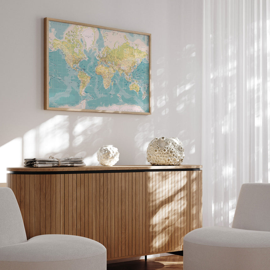 Verdenskort i egetræsramme - Retro - Plakat - Incado