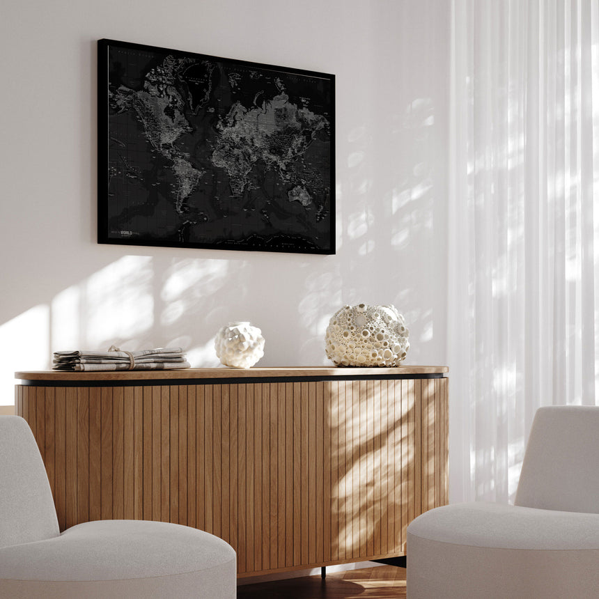 Verdenskort med sort ramme - Dark - Opslagstavle - Incado