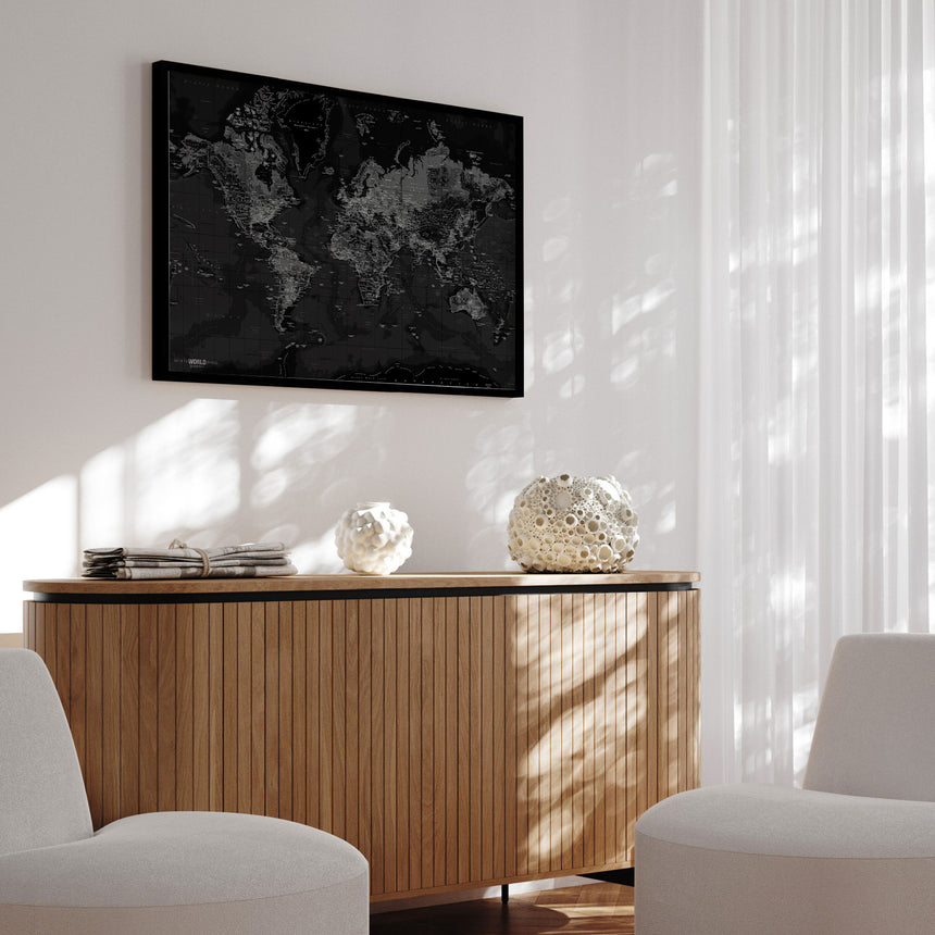 Verdenskort i sort ramme - Dark - Plakat - Incado