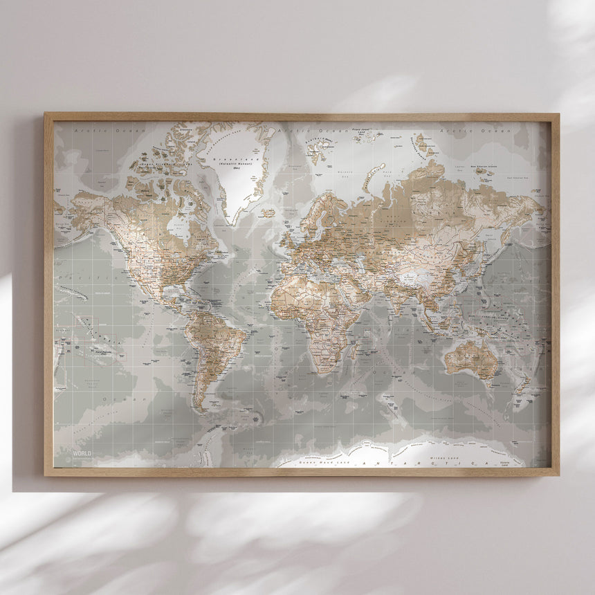 Verdenskort i egetræsramme - Vintage Grey - Plakat - Incado