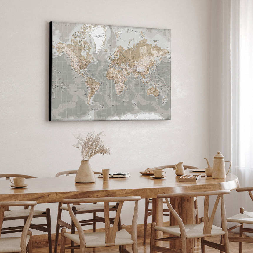 Verdenskort - Grey - Lærredstryk - Incado