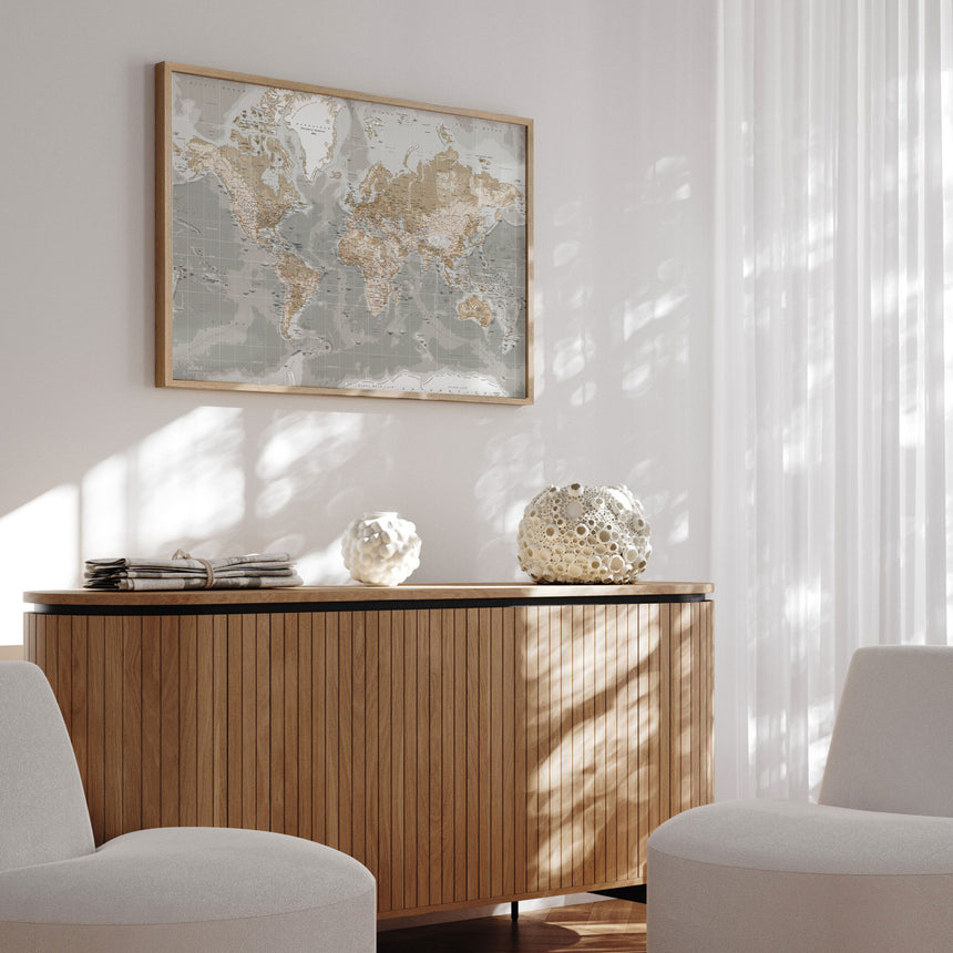 Verdenskort med egetræsramme - Grey - Opslagstavle - Incado