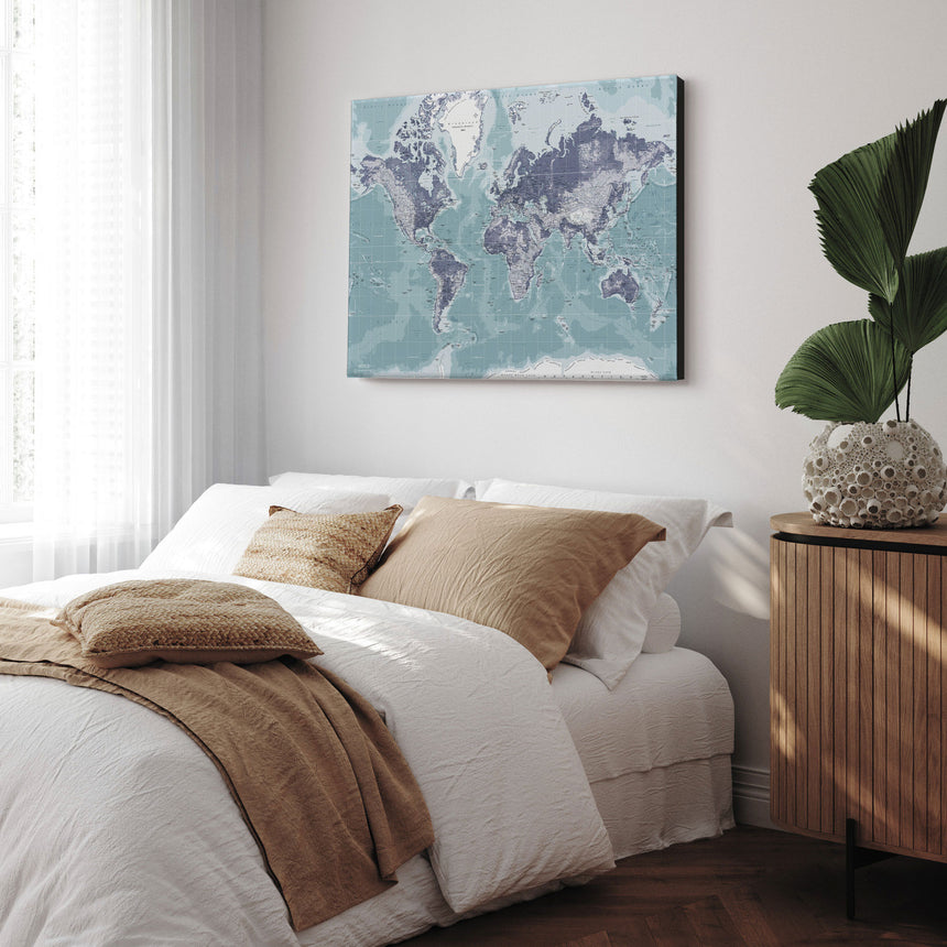Verdenskort - Ice Blue - Lærredstryk - Incado