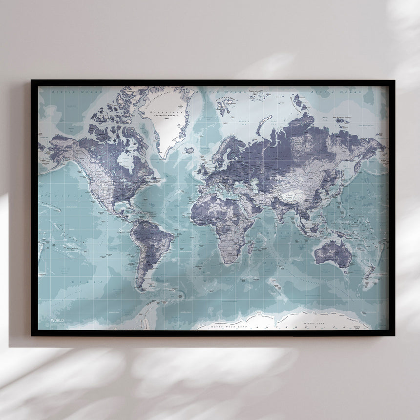 Verdenskort i sort ramme - Ice Blue - Plakat - Incado