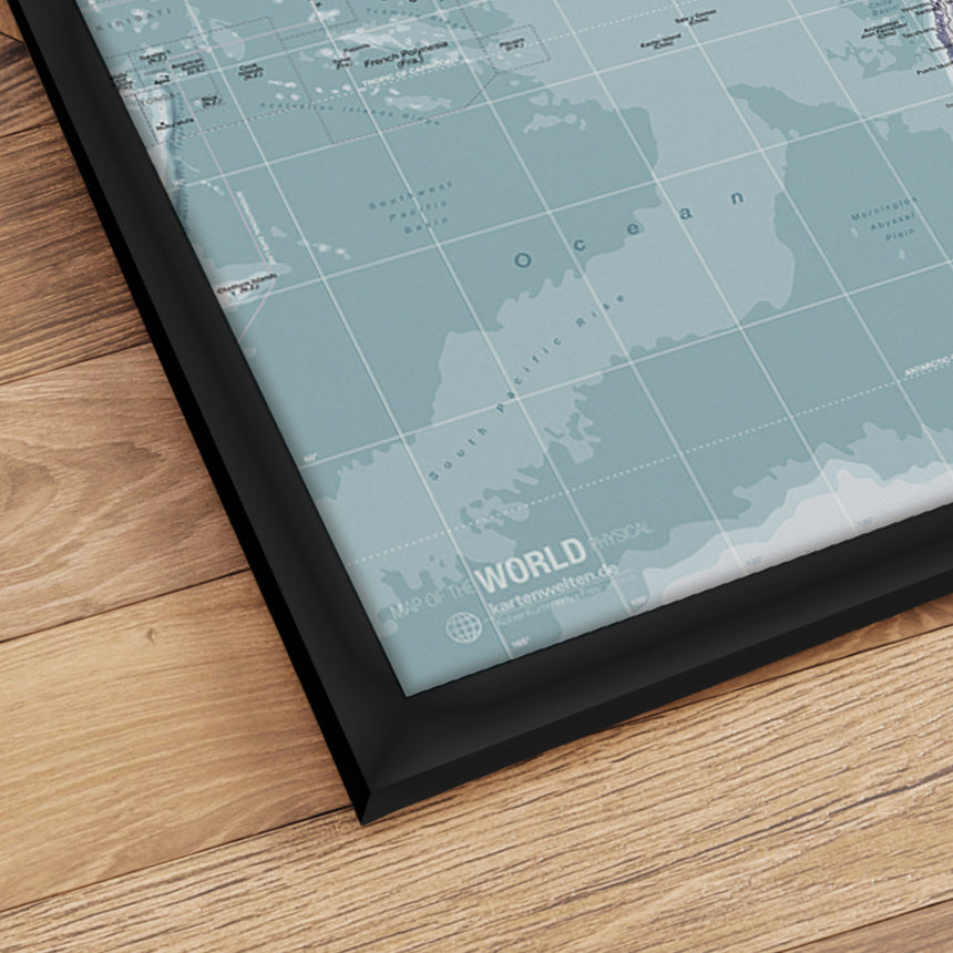 Verdenskort i sort ramme - Ice Blue - Plakat - Incado