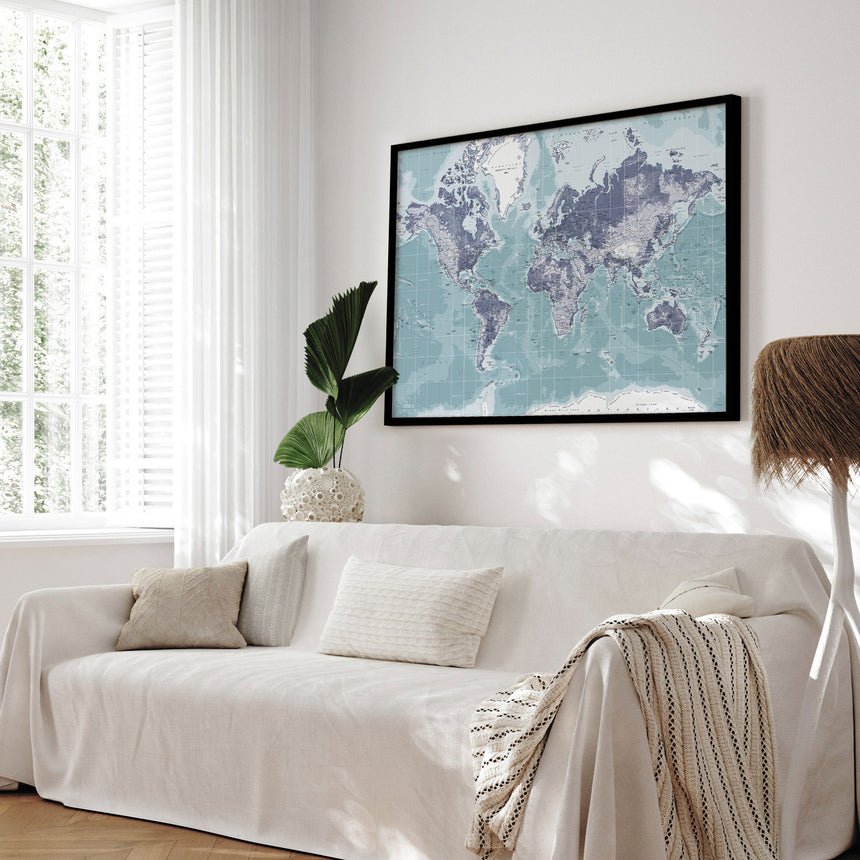 Verdenskort i sort ramme - Ice Blue - Plakat - Incado