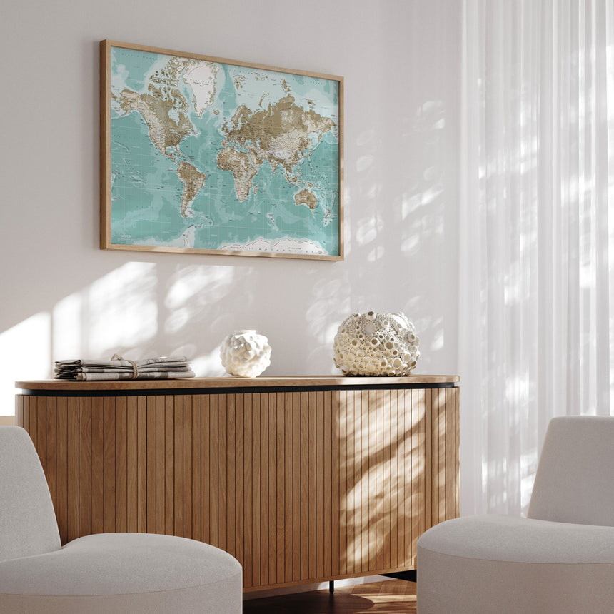 Verdenskort i egetræsramme - Winter - Plakat - Incado