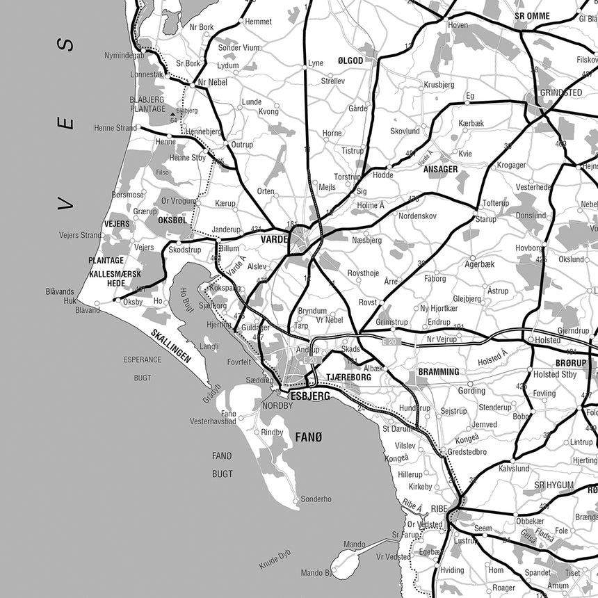 Danmarkskort - Grey - Lærredstryk - Incado