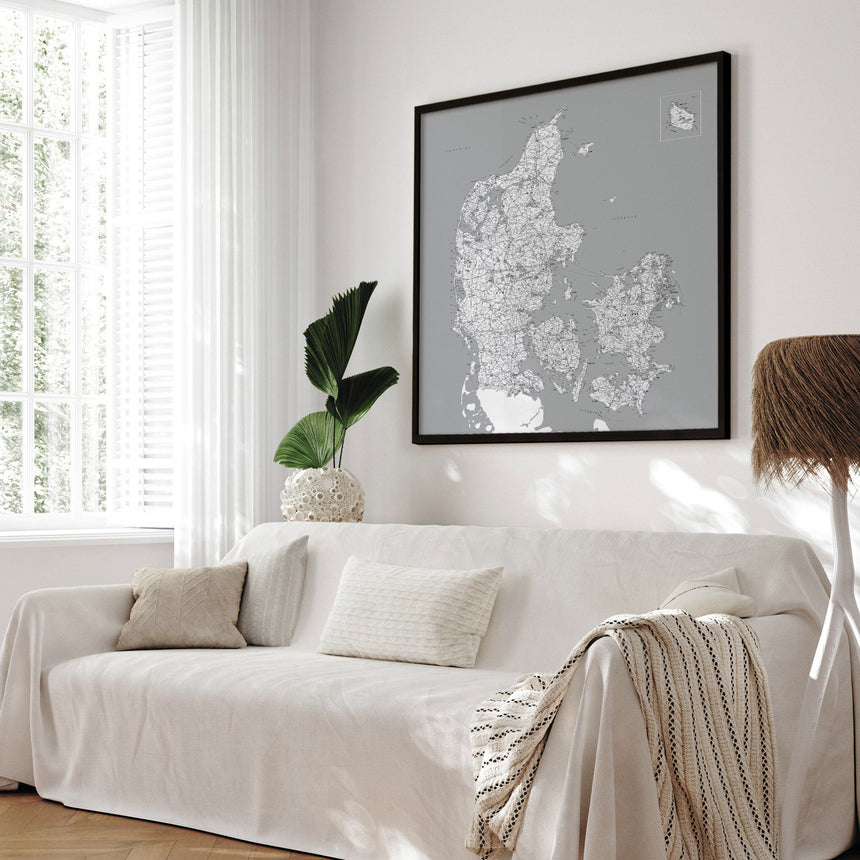 Danmarkskort i sort ramme - Grey - Plakat - Incado