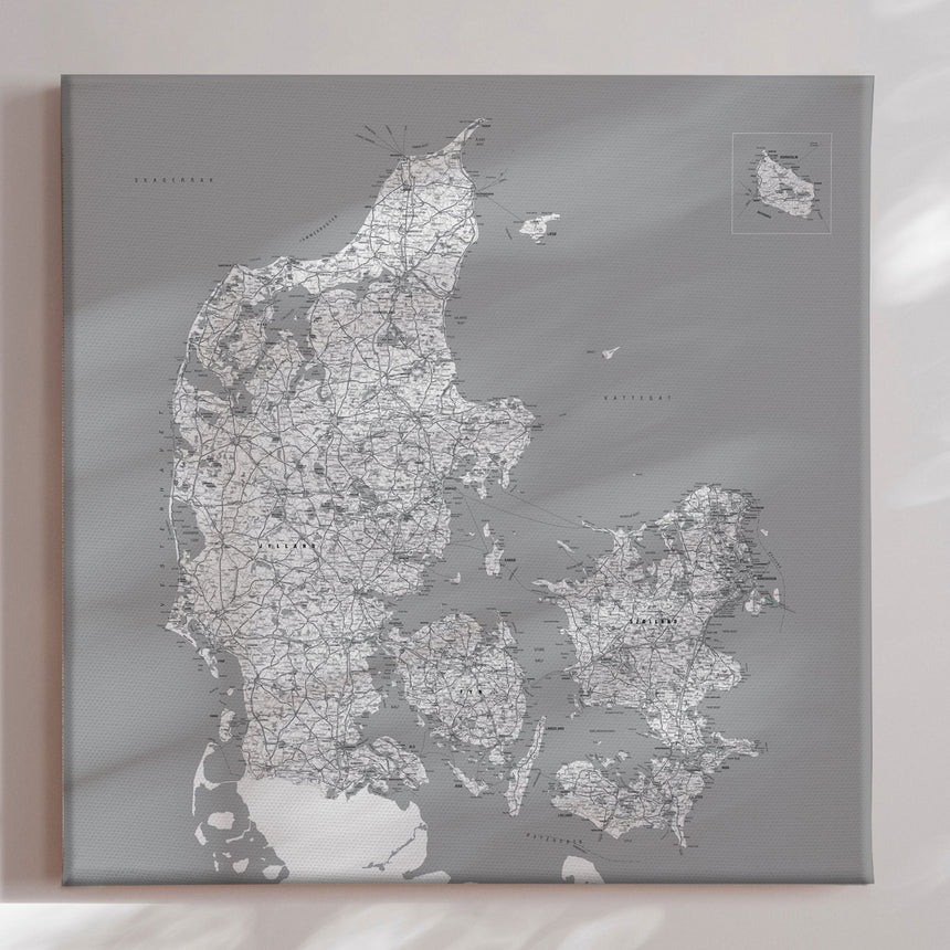 Danmarkskort - Grey - Lærredstryk - Incado