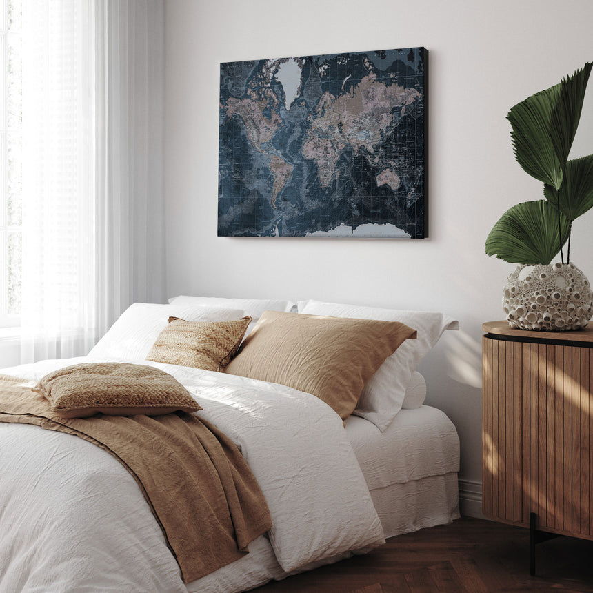 Verdenskort - Modern Blue - Lærredstryk - Incado