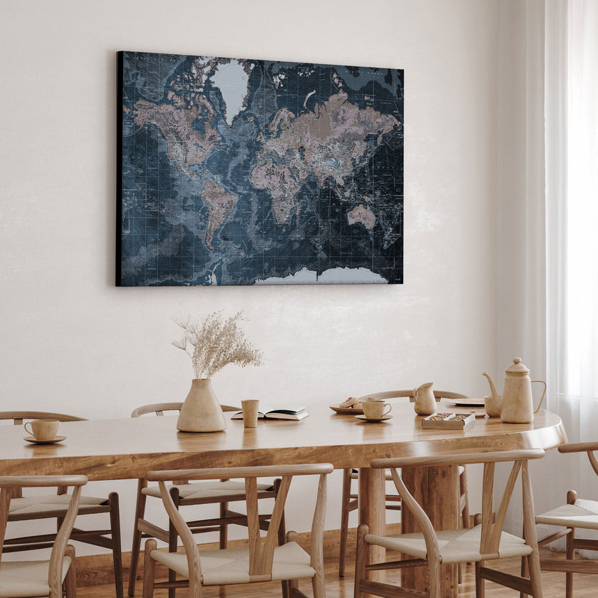 Verdenskort - Modern Blue - Lærredstryk - Incado