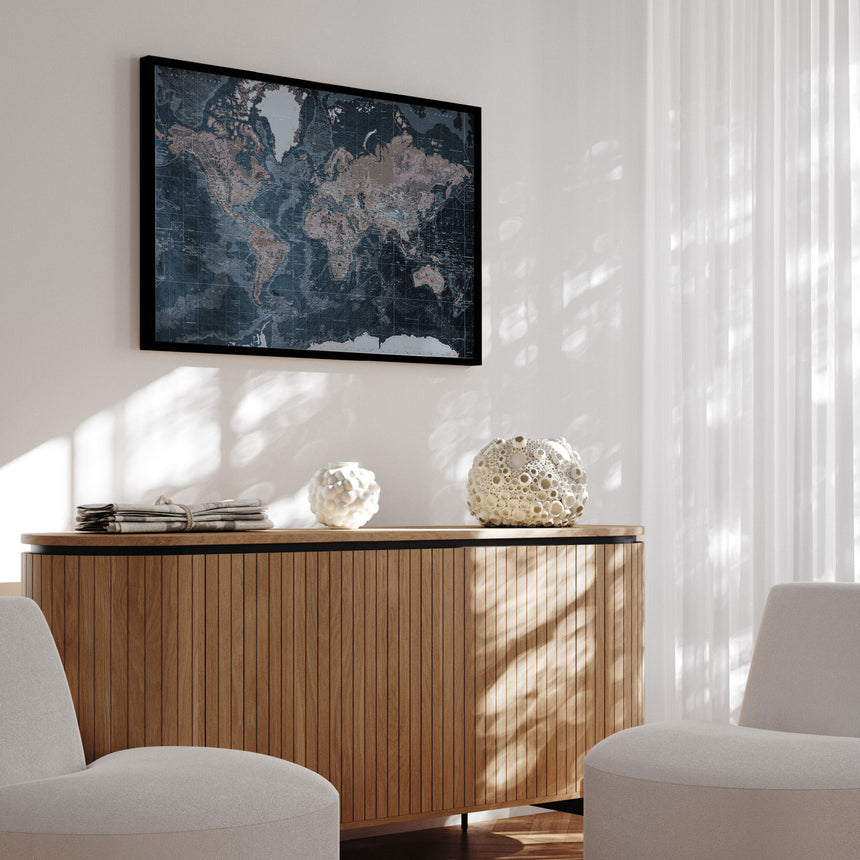 Verdenskort i sort ramme - Modern Blue - Plakat - Incado