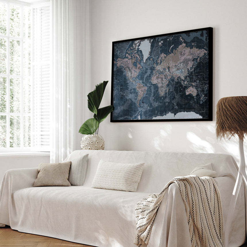 Verdenskort i sort ramme - Modern Blue - Plakat - Incado