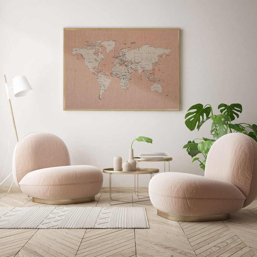 Hør verdenskort med egetræsramme - Mallow - Opslagstavle - Incado