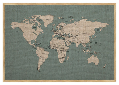 Hør verdenskort med egetræsramme - Carolina - Opslagstavle - Incado