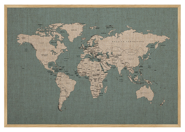 Hør verdenskort med egetræsramme - Carolina - Opslagstavle - Incado