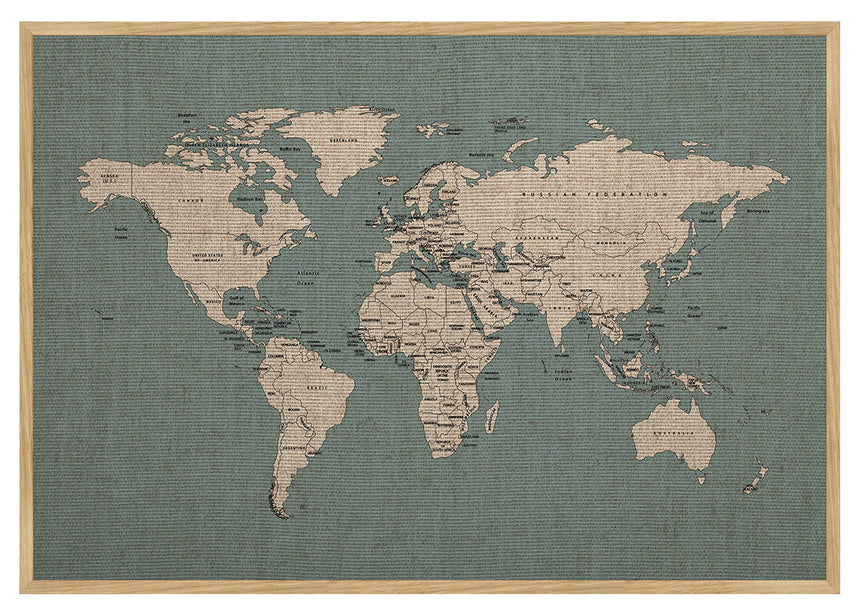 Hør verdenskort med egetræsramme - Carolina - Opslagstavle - Incado