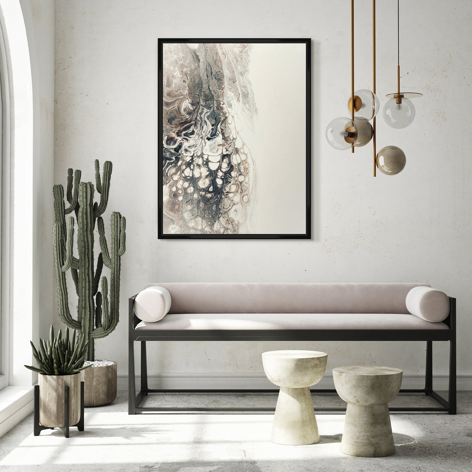 Håndlavet maleri med sort ramme - Beige Composition II - Mixed media - Incado