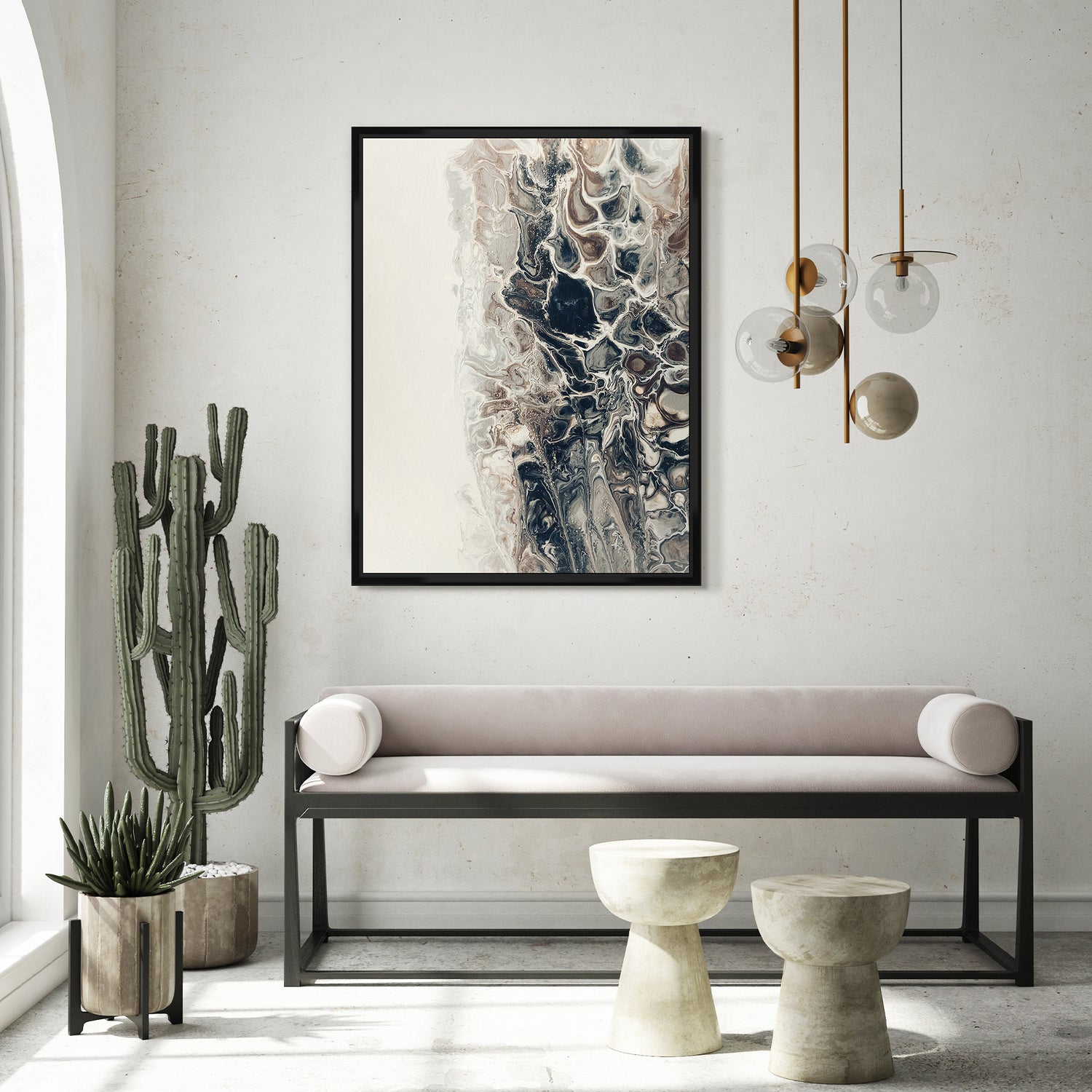 Håndlavet maleri med sort ramme - Beige Composition I - Mixed media - Incado