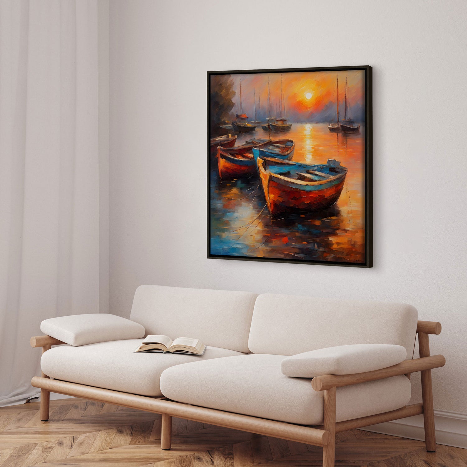 Håndlavet maleri med ramme - Bådhavn I - Mixed media - Incado