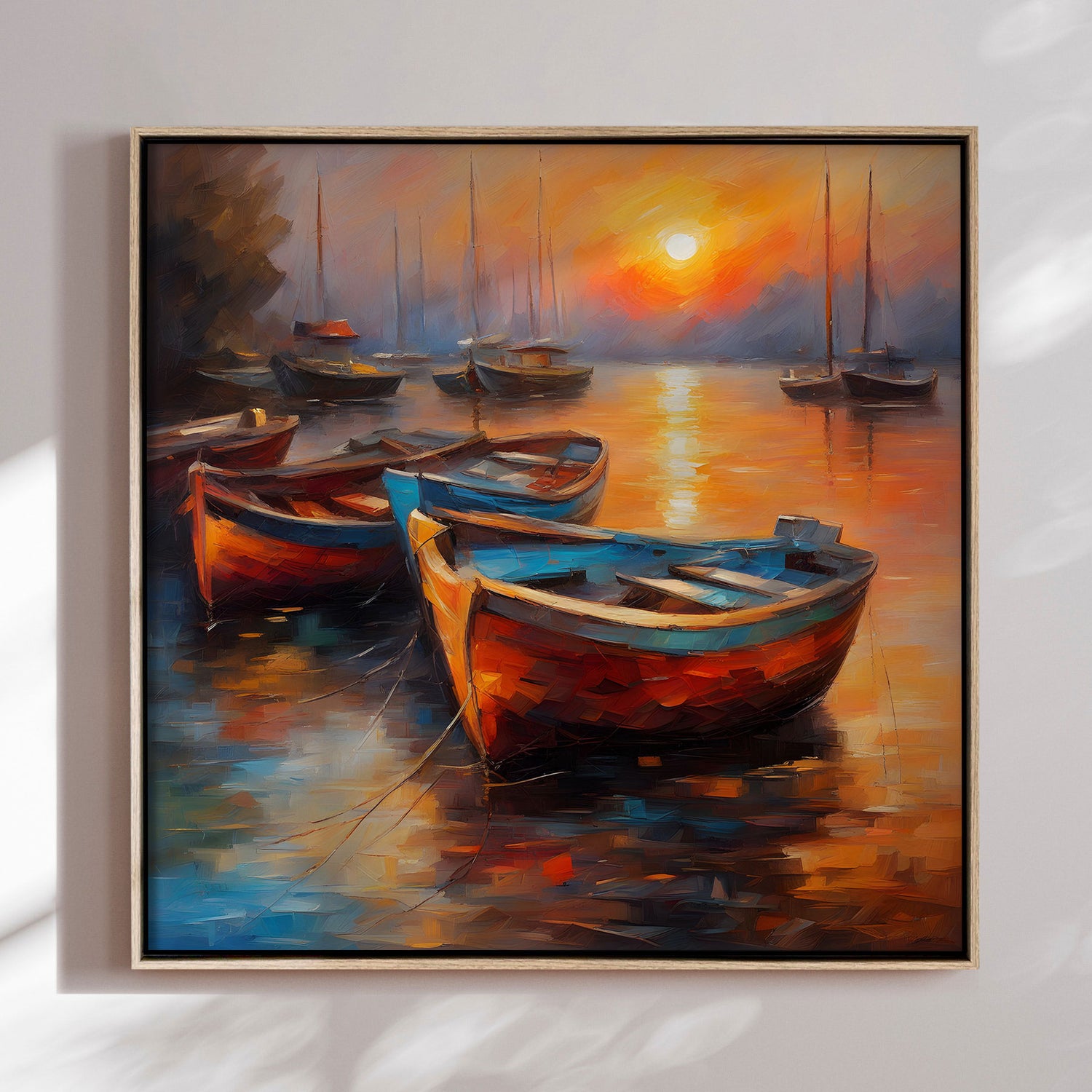 Håndlavet maleri med ramme - Bådhavn I - Mixed media - Incado