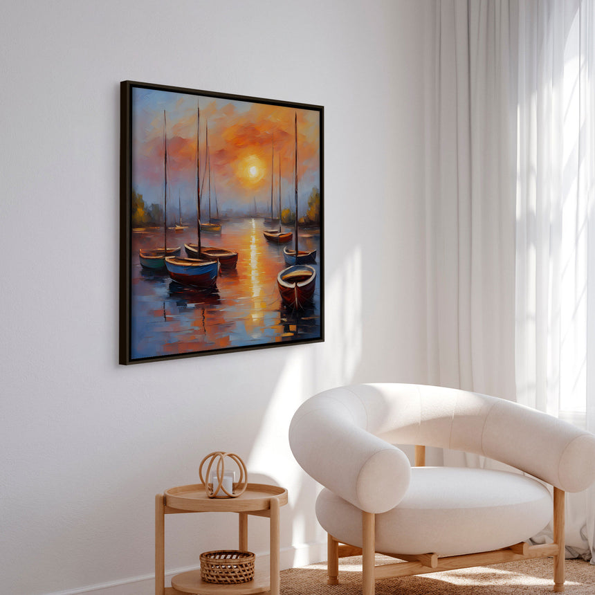 Håndlavet maleri med ramme - Bådhavn II - Mixed media - Incado