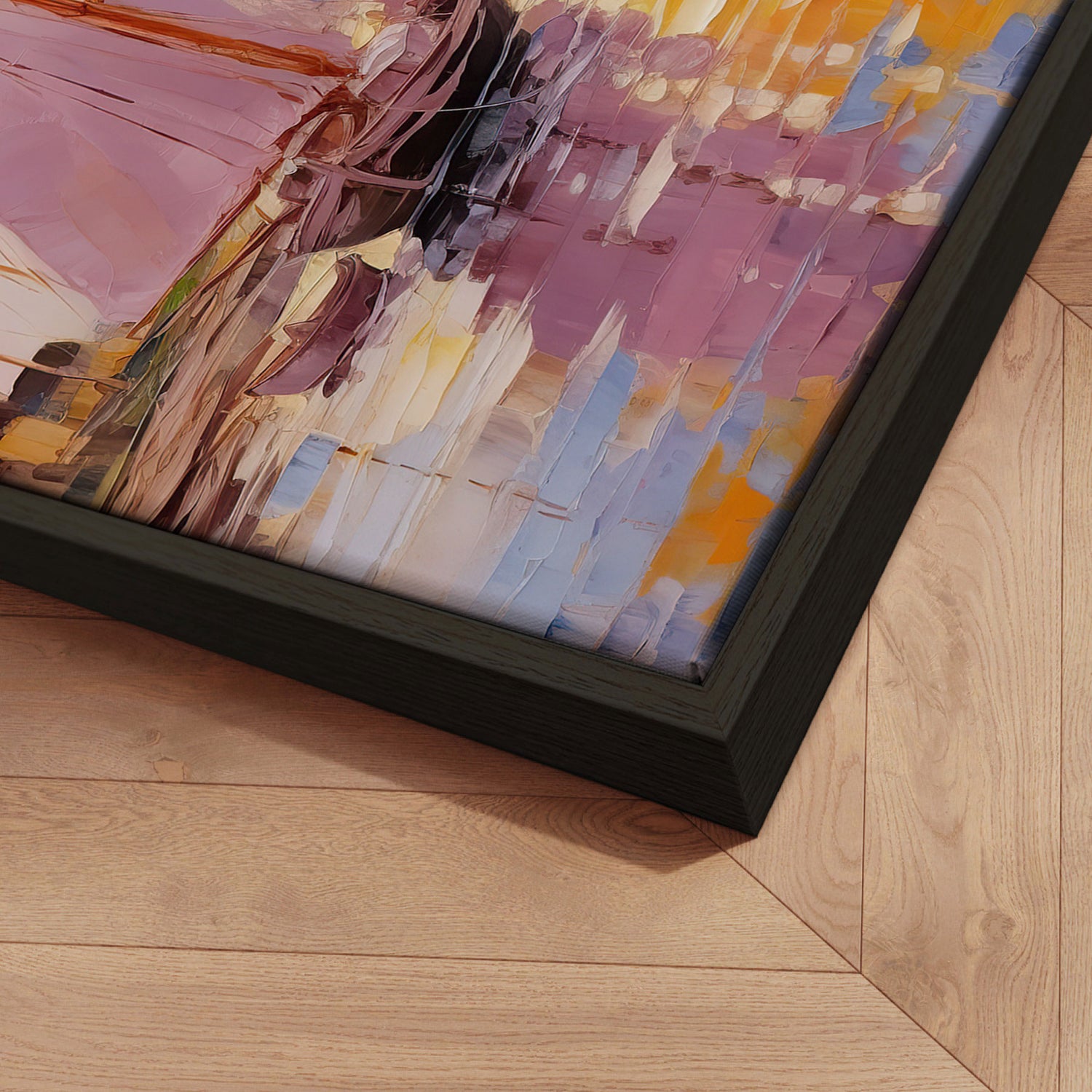 Håndlavet maleri sort ramme - Forårshavn II - Mixed media - Incado