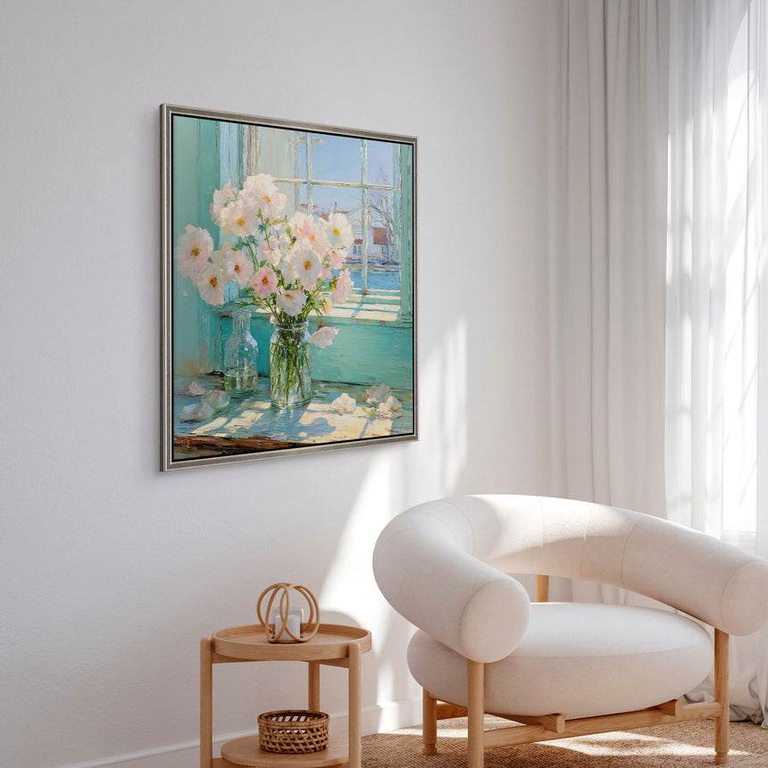 Håndlavet maleri med ramme - Flowers in the Window I - Mixed media - Incado