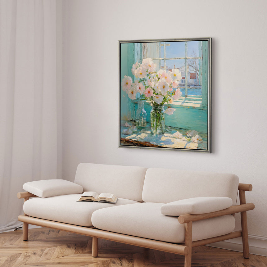 Håndlavet maleri med ramme - Flowers in the Window I - Mixed media - Incado