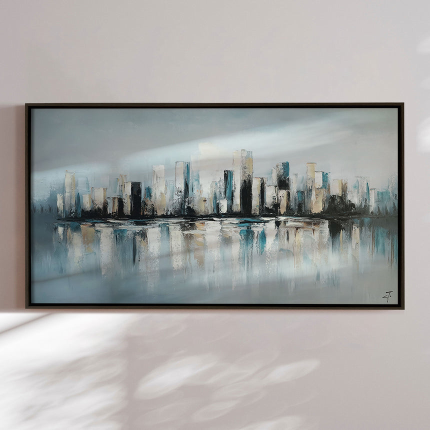 Håndlavet maleri med sort ramme - Misty Skyline - Mixed media