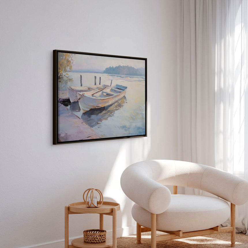 Håndlavet maleri med ramme - Waterside Escape - Mixed media