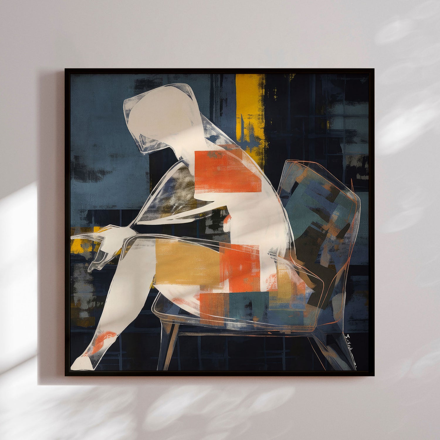 Håndlavet maleri med sort ramme - Sitting Model - Mixed media - Incado