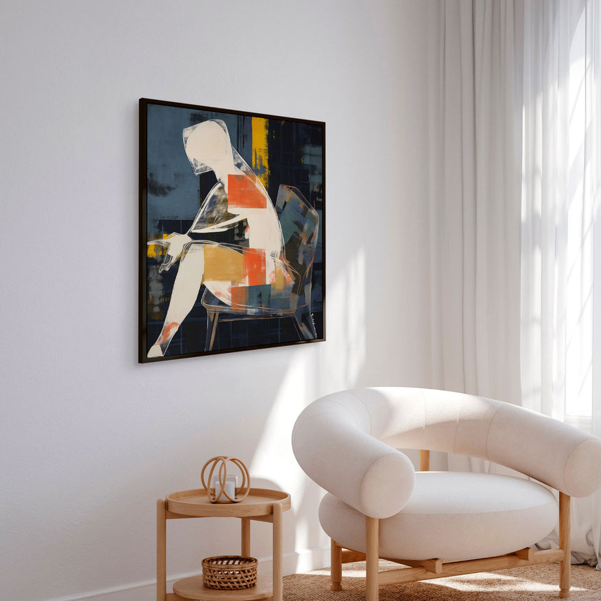 Håndlavet maleri med sort ramme - Sitting Model - Mixed media - Incado