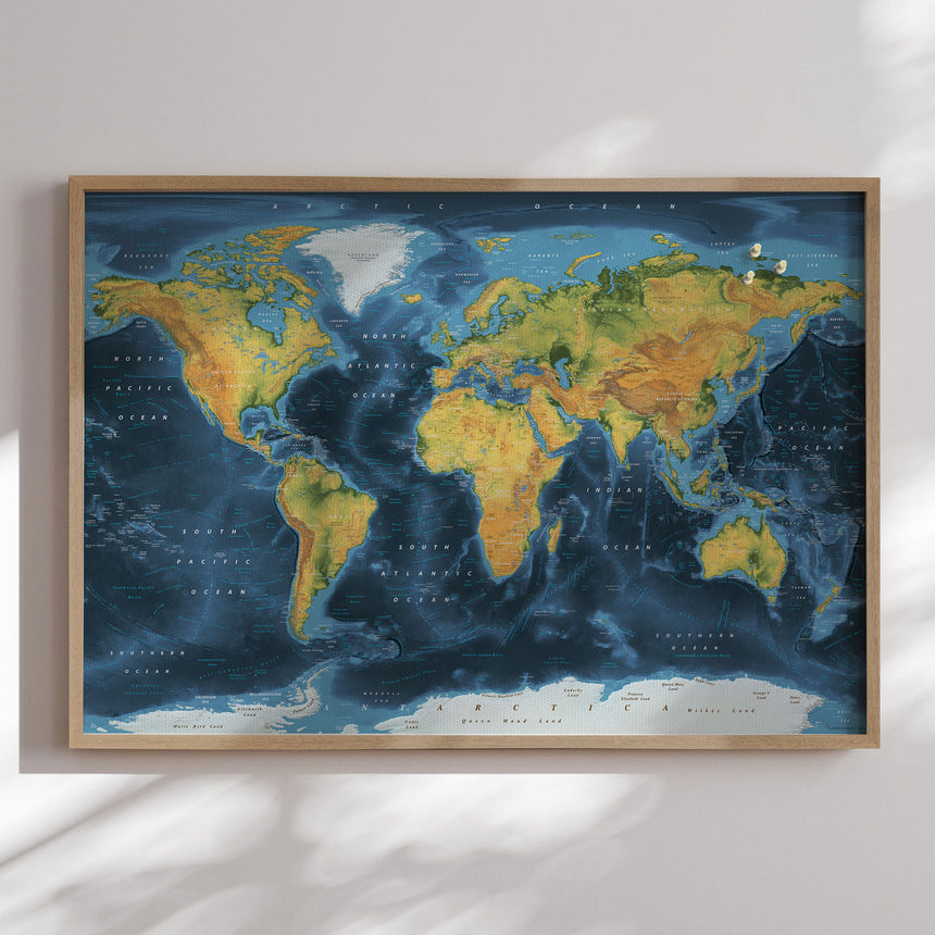 Verdenskort i egetræsramme - Cobalt - Opslagstavle - Incado