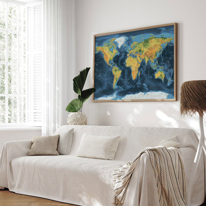 Verdenskort i egetræsramme - Cobalt - Opslagstavle - Incado