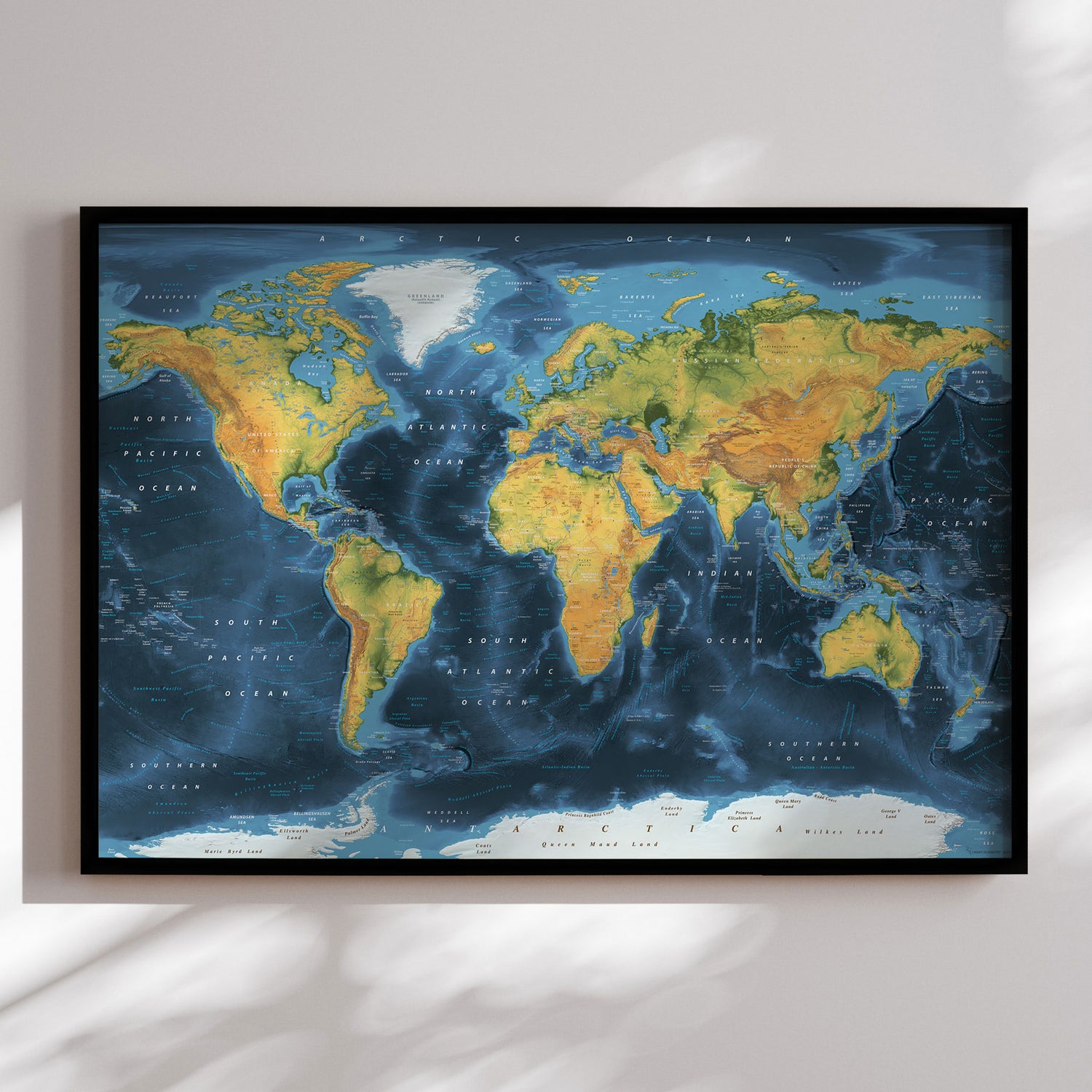 Verdenskort i sort ramme - Cobalt - Plakat - Incado