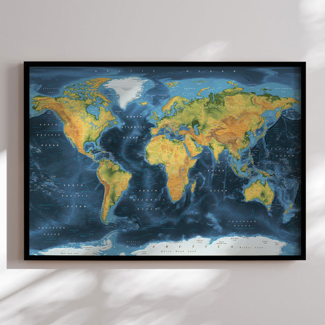 Verdenskort i sort ramme - Cobalt - Plakat - Incado
