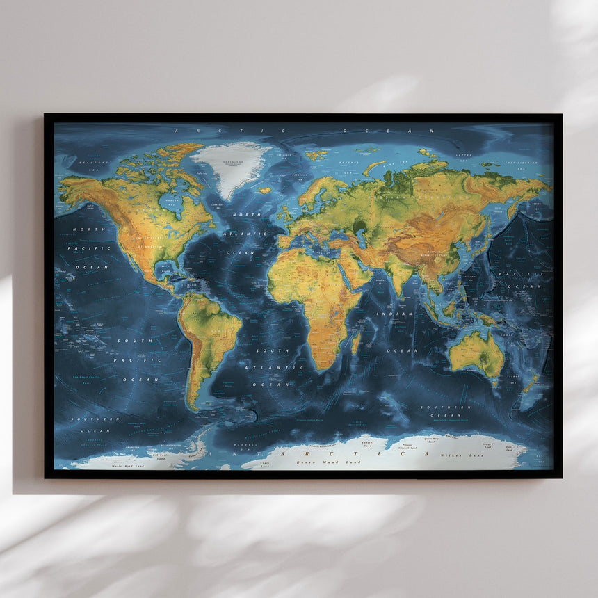 Verdenskort i sort ramme - Cobalt - Plakat - Incado