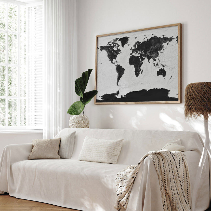 Verdenskort i egetræsramme - Grey Current - Plakat - Incado