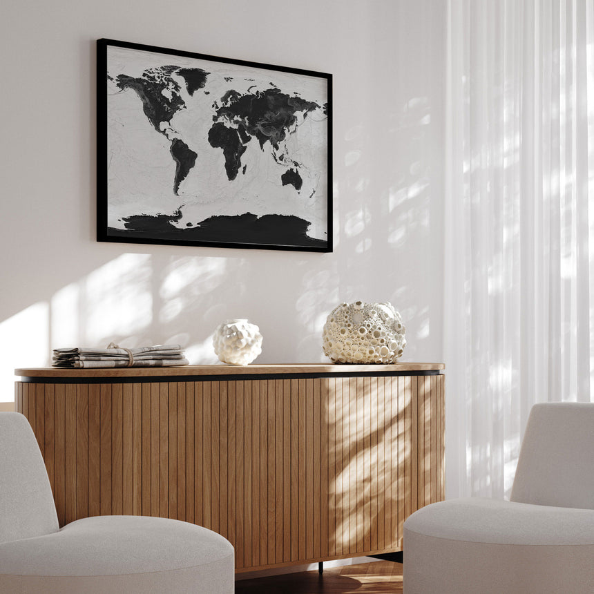 Verdenskort i sort ramme - Grey Current - Plakat - Incado