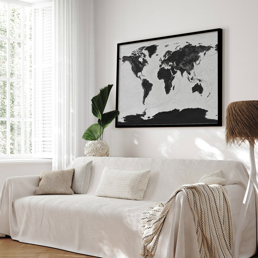 Verdenskort i sort ramme - Grey Current - Plakat - Incado