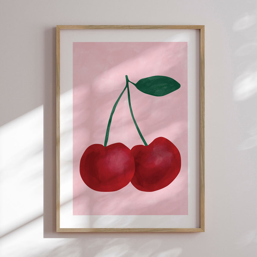 Plakat - Red Cherries with a Green Leaf - Elena Ristova - Incado