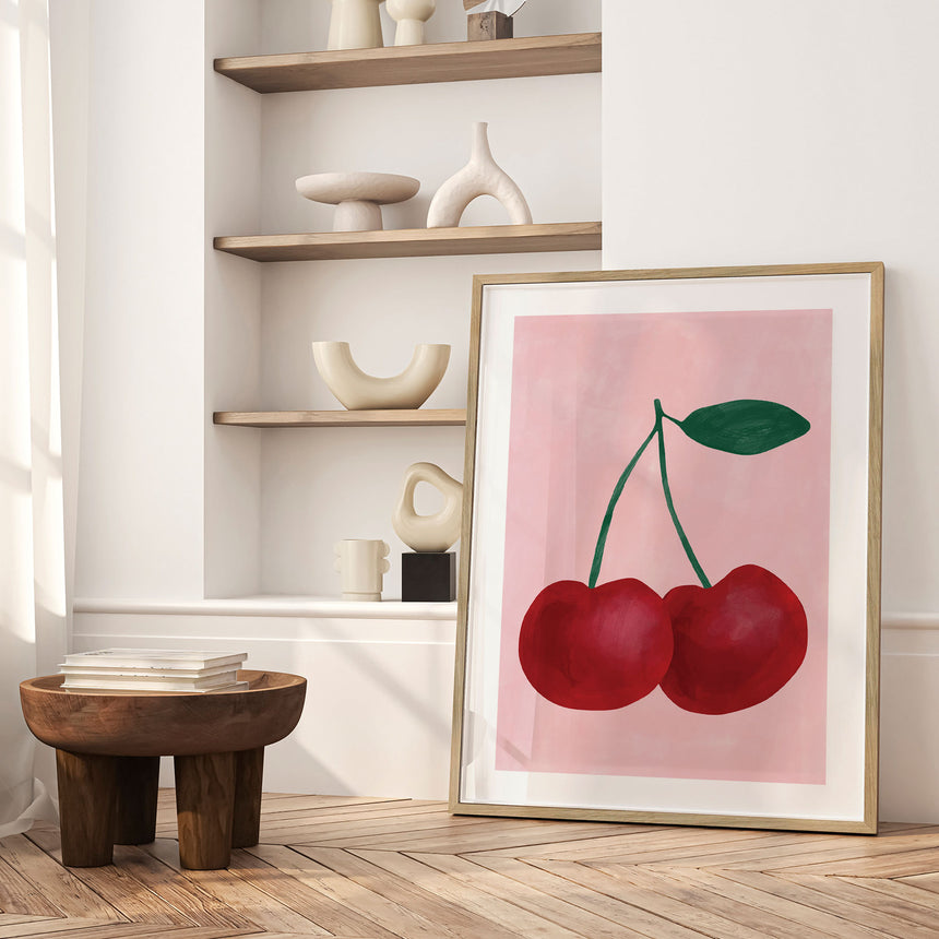 Plakat - Red Cherries with a Green Leaf - Elena Ristova - Incado