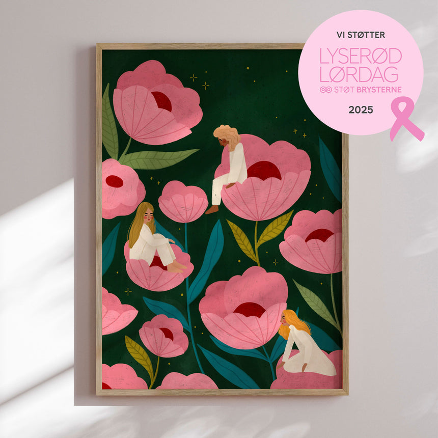 Plakat - Three Women Stitting on Large Pink Flowers - Bea Müller